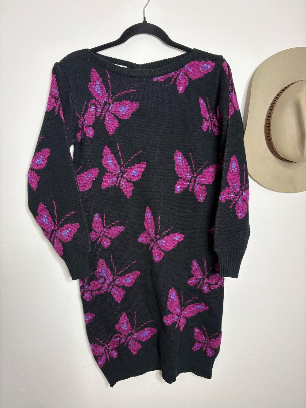 Vintage Sweater Dress with Pink Butterfly Motif